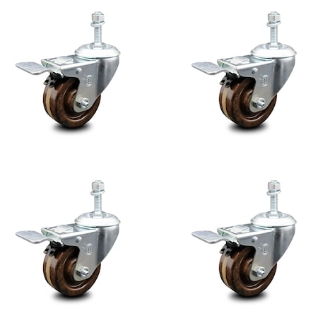 Service Caster 3 Inch High Temp Phenolic Swivel 12mm Stem Caster Set with Total Lock Brake SCC-TSTTL20S314-PHSHT-M1215-4